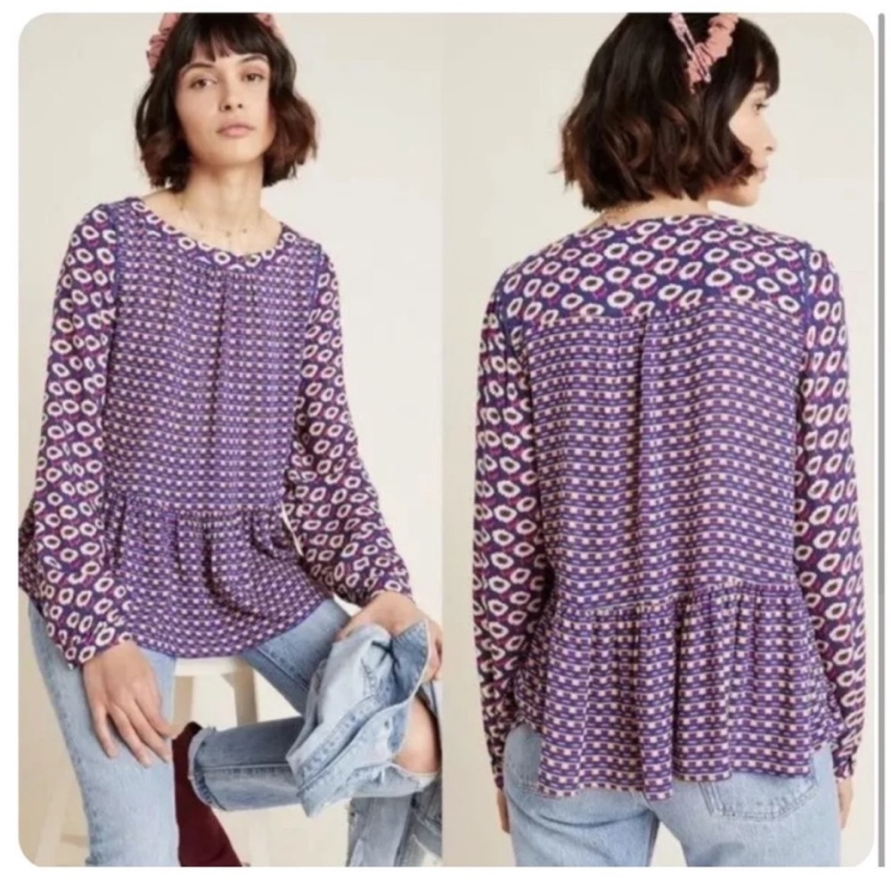 Maeve By Anthropologie Cheyenne Geometric Peplum Blouse XS